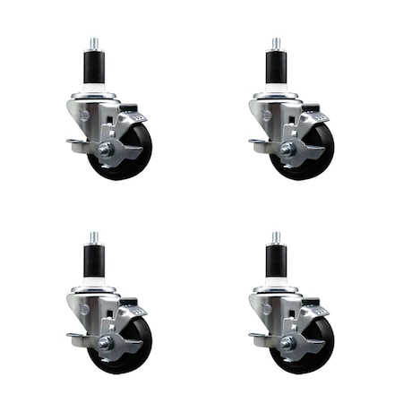 Service Caster 3'' SS Soft Rubber Swivel 1-3/8'' Expanding Stem Caster Set with Brake, 4PK SCC-SSEX20S314-SRS-TLB-138-4